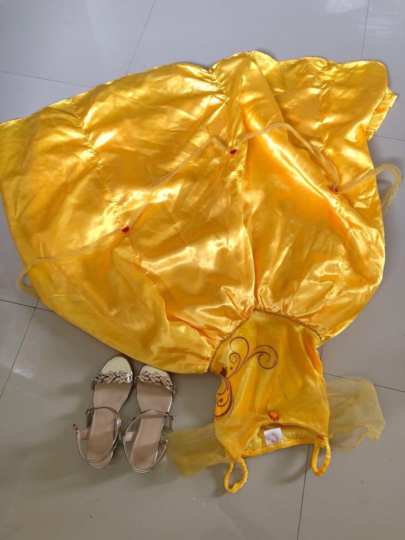 Beauty and the beast set (Category: Babies & Kids Fashion) located in Mandaluyong City. Submitted by blueberrypatch (Listing ID 1177304559, Image 1). Description: Beauty and the beast gown and gold sandals. Gown is well used some sign of usage. sandals is used for photoshoot only..