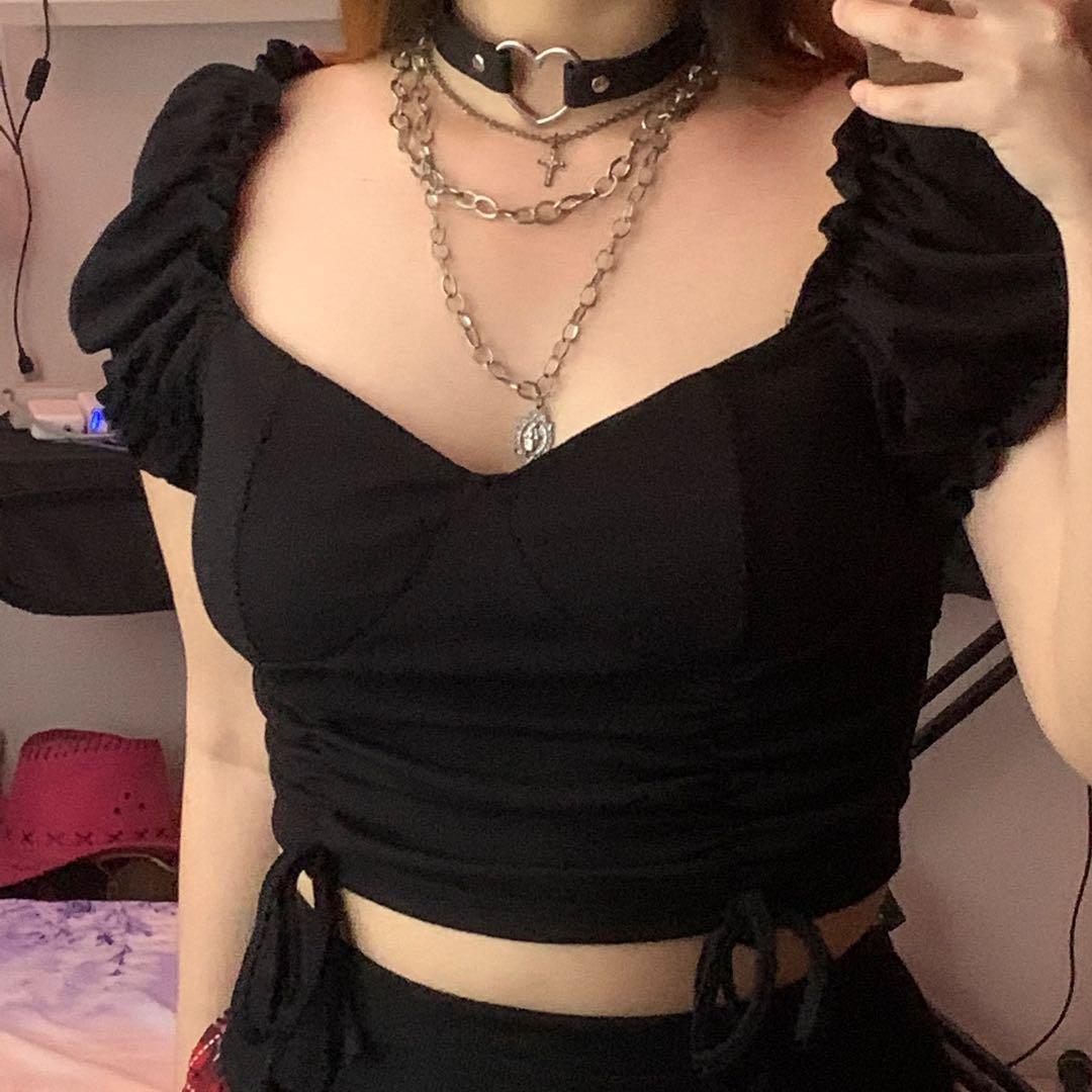 Black Puff Sleeve Gothic Goth Aesthetic Two Way String Crop Top (Category: Others Tops) located in Antipolo. Submitted by stroberisof (Listing ID 1177362931, Image 3). Description: size: large - xl (stretchy material) condition: 10/10 brand: shein note: only worn once!.