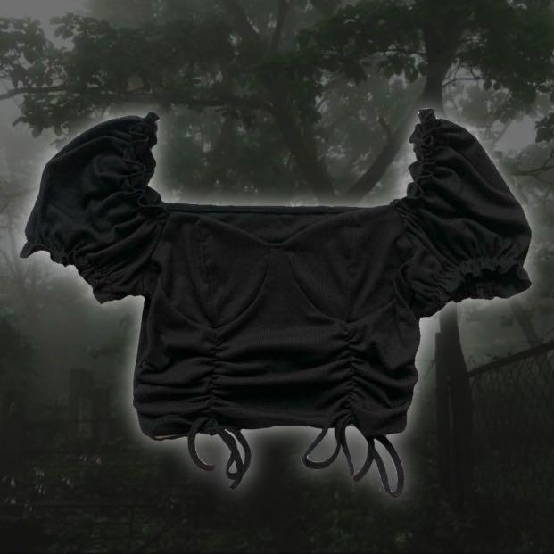 Black Puff Sleeve Gothic Goth Aesthetic Two Way String Crop Top (Category: Others Tops) located in Antipolo. Submitted by stroberisof (Listing ID 1177362931, Image 1). Description: size: large - xl (stretchy material) condition: 10/10 brand: shein note: only worn once!.