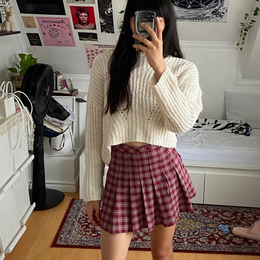 Burgundy Plaid Japanese School Girl Tennis Mini Skirt Women s