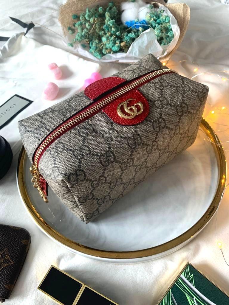 GUCCI Ophidia GG Cosmetic Case in Beige Red