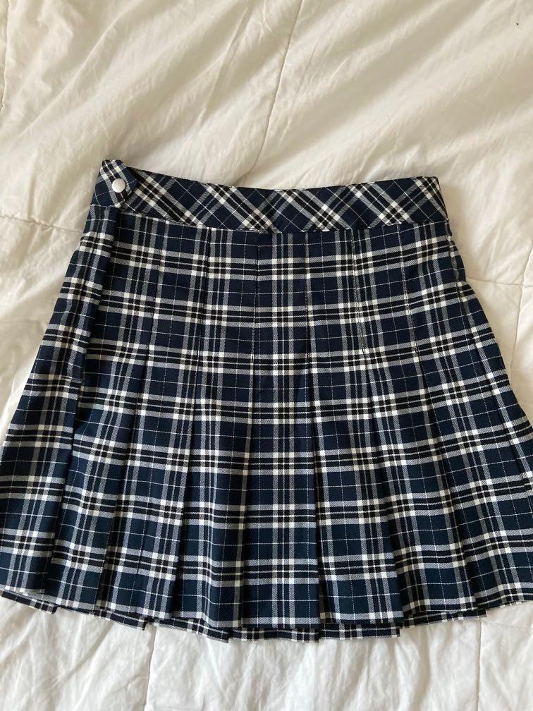 H M plaid checkered pleated school girl blue skirt Women s