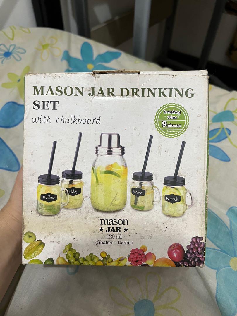 Mason Jar Drinking Set (Category: Other Kitchenware & Tableware) located in Manila. Submitted by ziggykeltonbenjie (Listing ID 1177307637, Image 1). Description: Mason Jar Drinking Set Never been used 1 shaker (450 mL) 4 mason jar (120 mL) Loc: Manila.