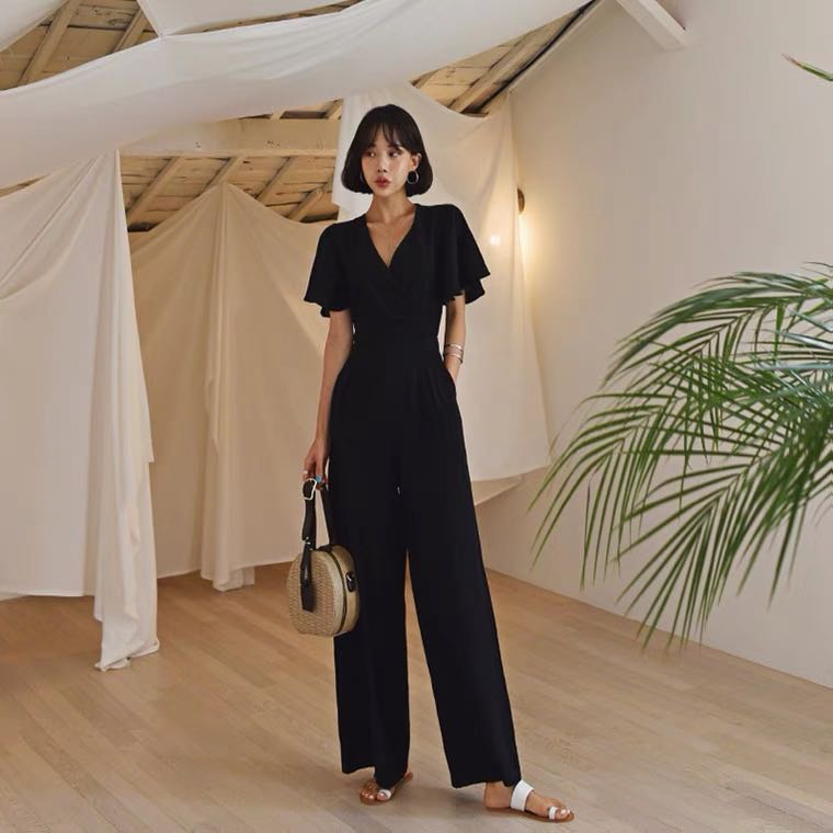 Black flutter discount sleeve jumpsuit