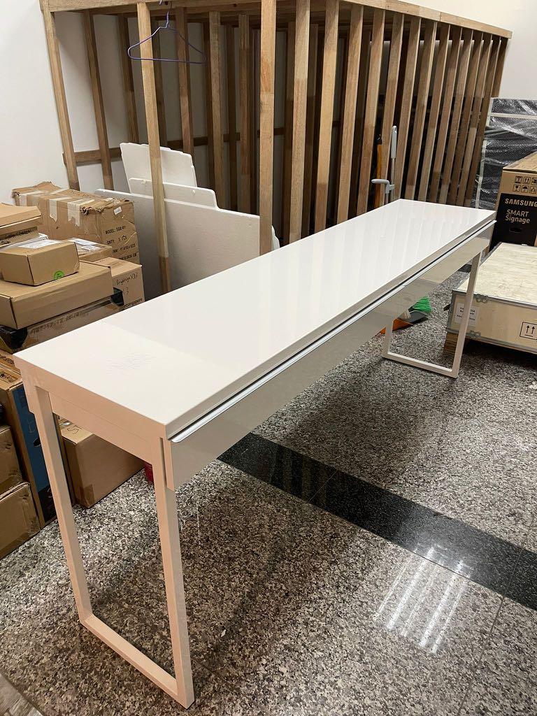 Glossy Long White Desk with Drawer Customized 180cm X 40cm X 74cm