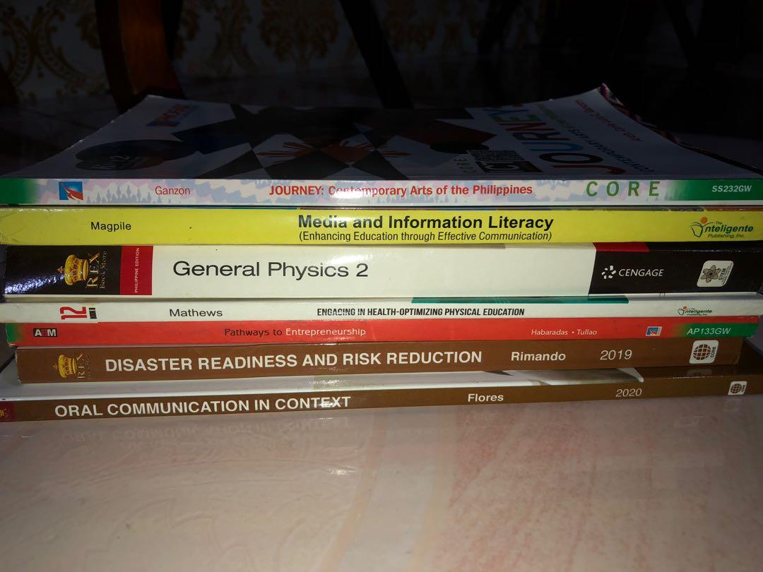 Grade 12 STEM Books (Category: Textbooks) located in Quezon City. Submitted by bonifaciojang (Listing ID 1177580357, Image 1). Description: Oral Communication- 200 DRRR- 180 Entrepreneurship- 170 Engaging Book 2- 200 General Physics 2- 300 Media and Information Literacy- 180 Contemporary Arts- 250 All good as new.
