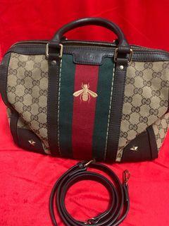 Gucci Boston Bag Vintage Web Gg Web Stripes Medium Brown Green, Luxury, Bags  & Wallets on Carousell