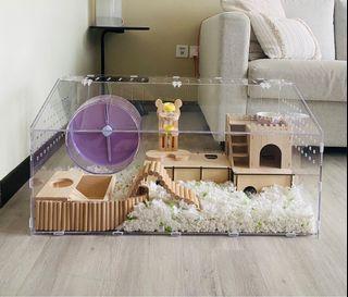 Hamster acrylic cage 80cm 100cm 5mm thick acrylic Syrian dwarf accessories wooden large hideout 26cm running wheel sand box water bottle holder ceramic food  bowl bendy ladder platform small animals