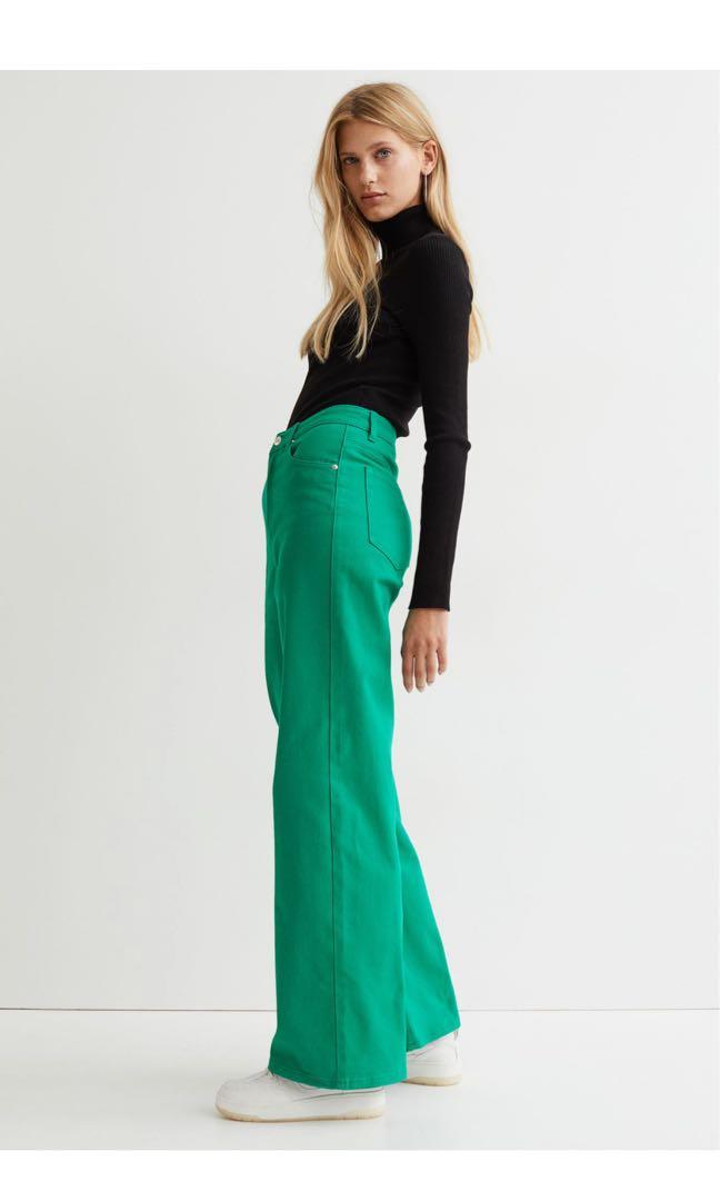 H&M Wide Twill Trousers Green, Women's Fashion, Bottoms, Other Bottoms
