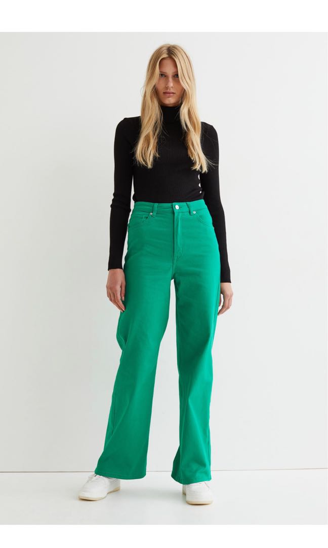 H&M Wide Twill Trousers Green, Women's Fashion, Bottoms, Other Bottoms