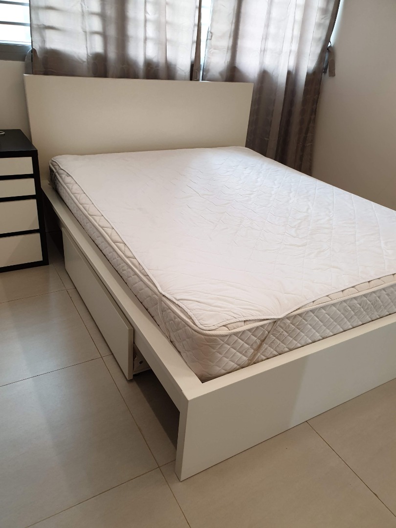 IKEA MALM Queen size bed frame and 3 drawers (WHITE), Furniture & Home