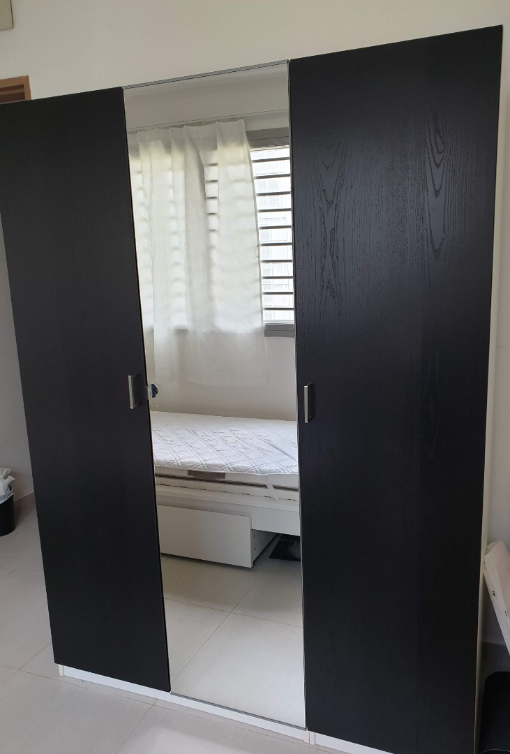 IKEA Wardrobe with MIRROR (3 doors). BLACK/WHITE, Furniture & Home