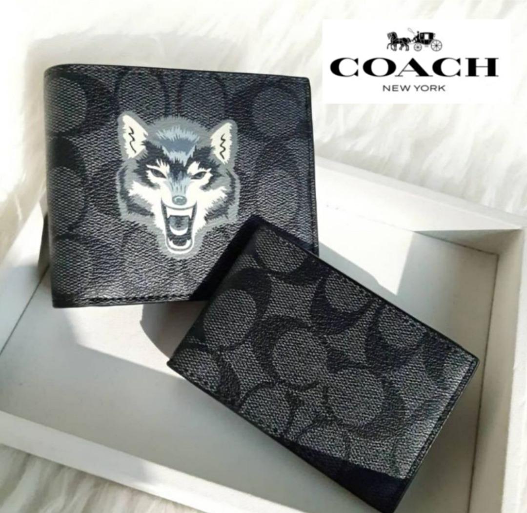 Wallet COACH Men Wallet Bifold Signature Wolf Print Original Coach free  shipping