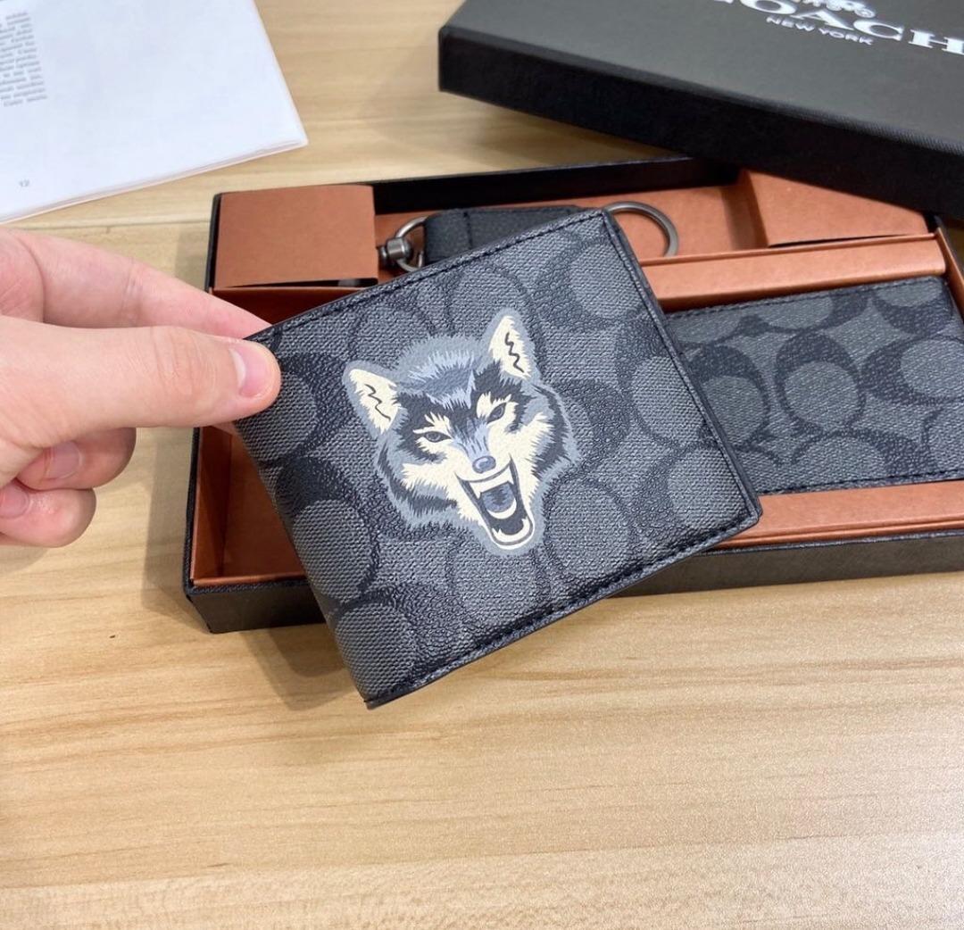 Wallet COACH Men Wallet Bifold Signature Wolf Print Original Coach free  shipping