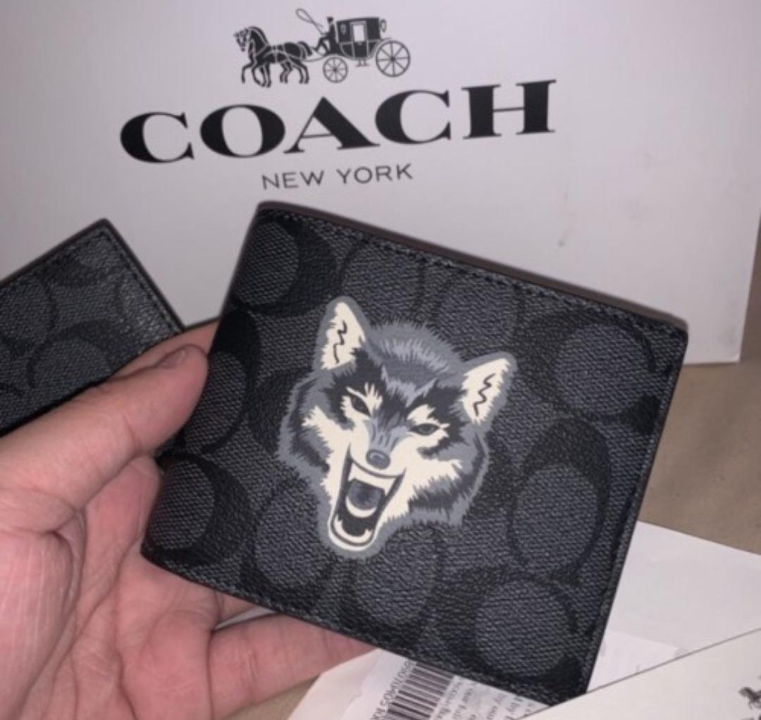 New Coach Original Billfold Signature Canvas With Wolf Printed Wallet For Men Come With Complete Set Suitable for Gift