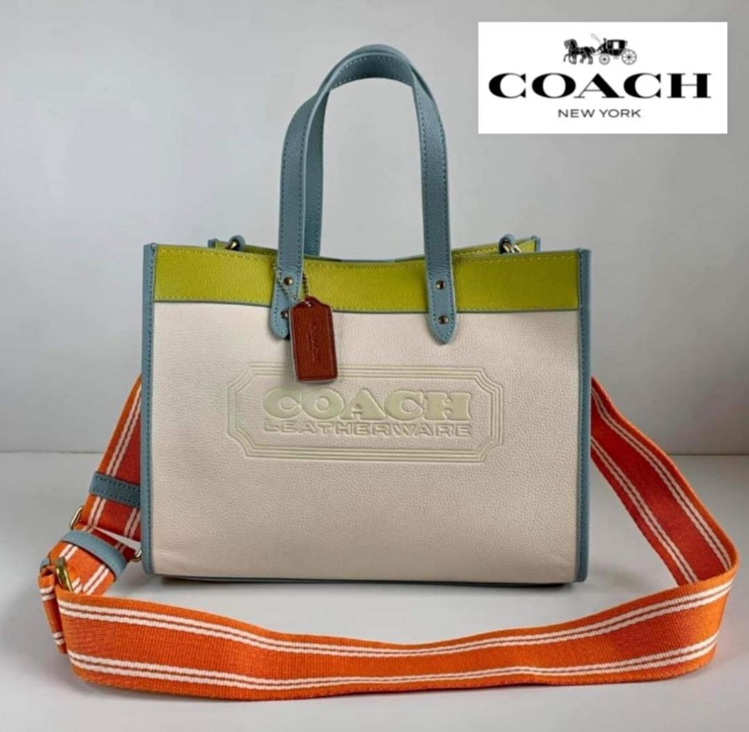 COACH Field Signature Logo White Colorblock Pebble Leather Tote Bag