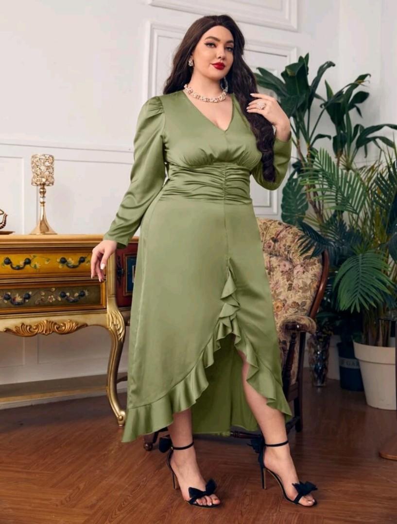 SHEIN Curve Olive Green Ruffle Trim High Low Dress Plus Size 3XL, Women's  Fashion, Dresses & Sets, Dresses on Carousell