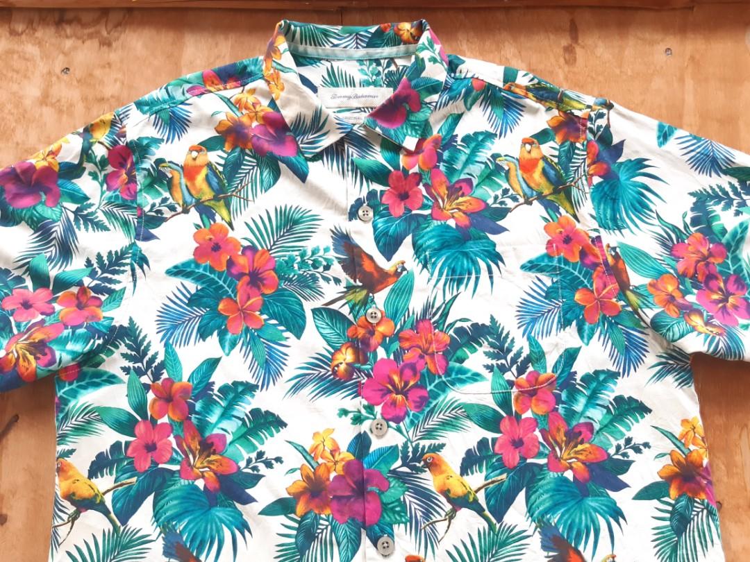 Tommy Bahama Hawaiian Shirt Silk Floral Bird Motive, Men's Fashion