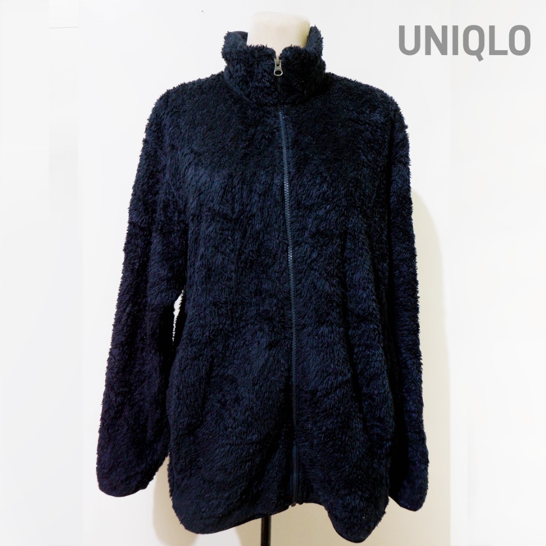 UNIQLO Dark Blue Faux Fur Fluffy Yarn Fleece Full Zip Winter Jacket Women s Fashion Coats Jackets and Outerwear on Carousell