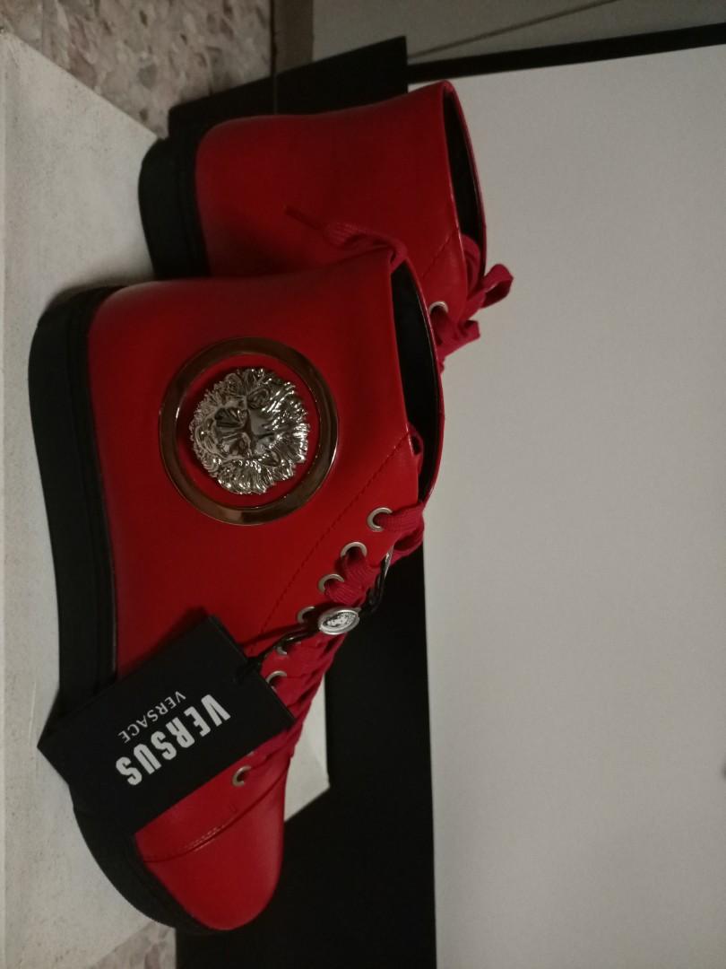 Versace Red Leather Ankle Cut Sneakers