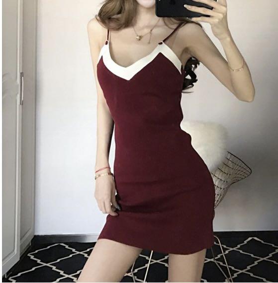 Wine Red knitted dress, Women's Fashion 