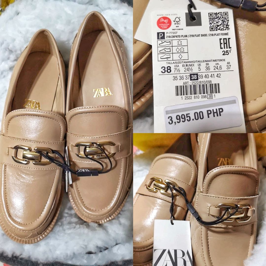 ZARA QUILTED LEATHER LOAFERS WITH METAL BUCKLE, Women's Fashion