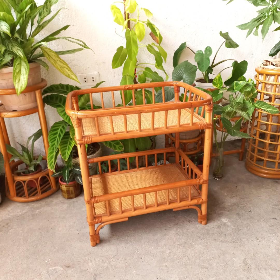 2 tier rattan shelf rack coffee nook pantry organizer side table bar ...