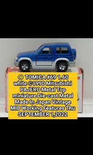 ©️ TOMICA miniature Die-cast Metal Made In Japan Vintage MIB Working Features Thu SEPTEMBER 1,2022 #69 1.60 white ©1990 Mitsubishi PAJERO Metal Top