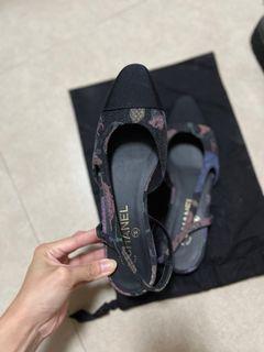 Chanel 牛仔花朵 繫帶平底鞋 台灣購證