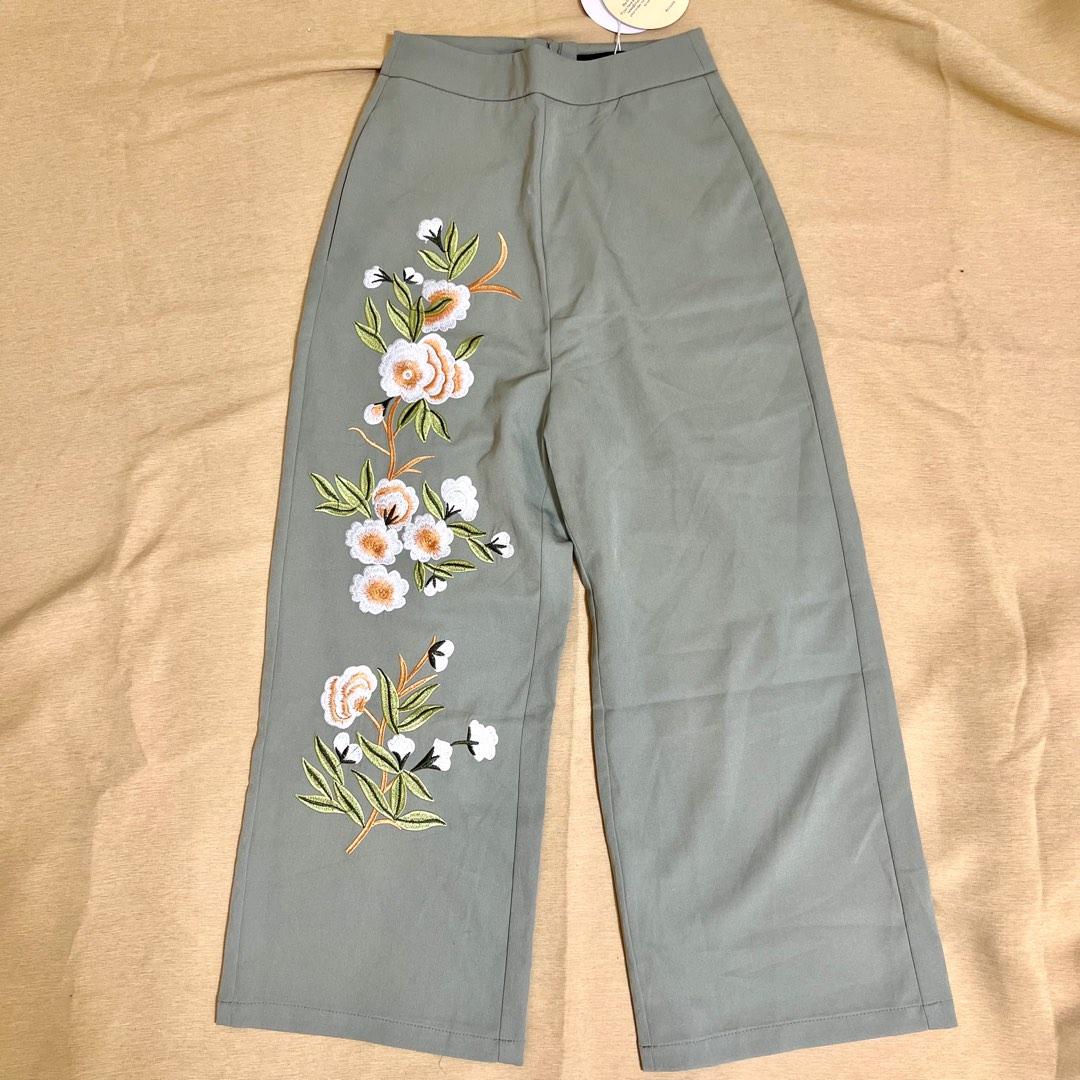 Green Floral Embroidered Pants, Fesyen Wanita, Pakaian Wanita, Bawahan