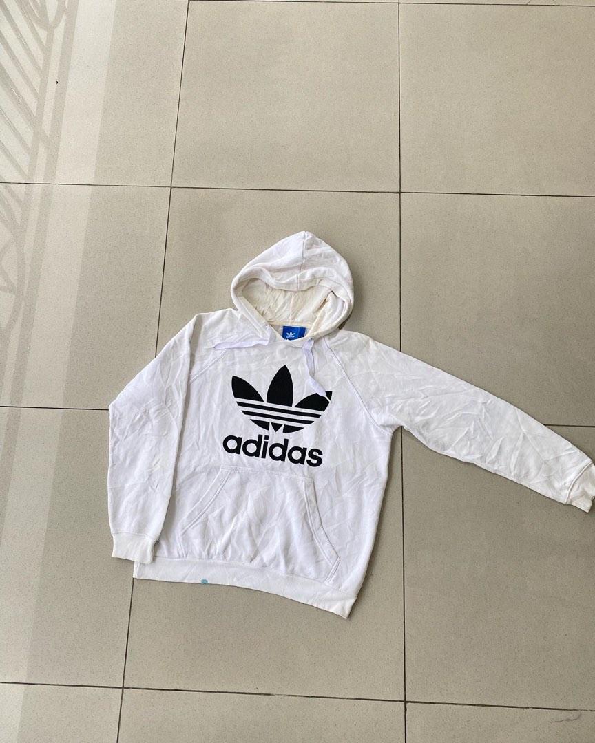 Hoodie Adidas Trefoil White Big Logo, Fesyen Pria, Pakaian Baju