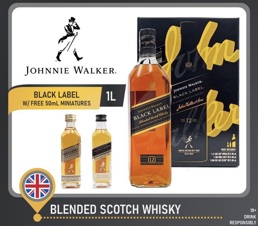 JOHNNIE WALKER 1L Black Label+ 2 miniature bottles of Gold ...