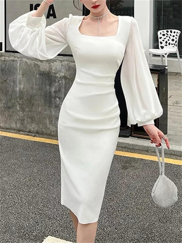Ladies white black long sleeve long dress elegant evening dress