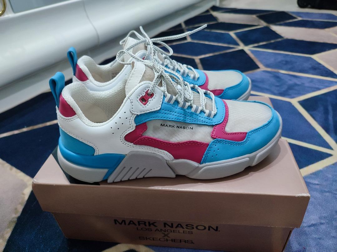 Pink blue and white cheap skechers