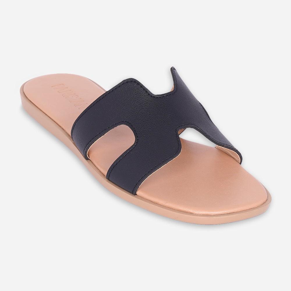 PARISIAN SANDALS ORAN BLACK SLIDES FLATS