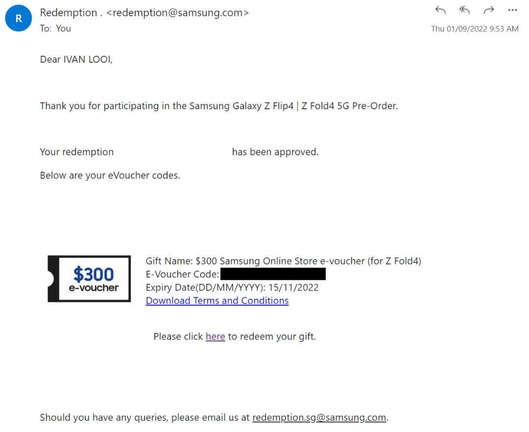 Samsung 300 Voucher code from fold 4 preorder, Tickets & Vouchers