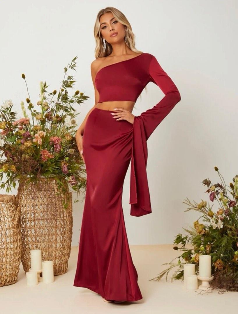 Shein One extra shoulder extra long sleeve crop top satin and high