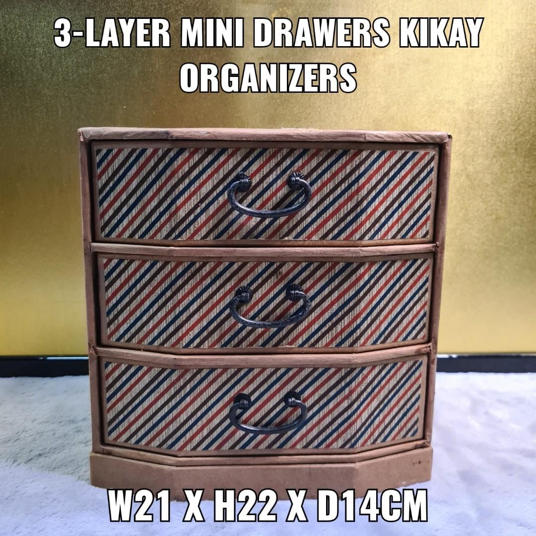 3-LAYER MINI DRAWERS KIKAY ORGANIZERS (Category: Storage Boxes & Baskets) located in Bulacan. Submitted by sakurajade (Listing ID 1184009907, Image 1). Description: 3-LAYER MINI DRAWERS KIKAY ORGANIZERS 👉 Price: P520 ONLY ✅️ Good condition, new arrival, decorative, kikay kit, lots of storage, hand made ✅️ Material: Quality hard cardboard, red interior ✅️ Issue: Peel off small part on top only.