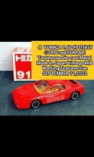 ©️ TOMICA 1.60#91ITALY ©1990 red FERRARI Testarossa Die-cast Metal Made In Japan Vintage MIB Working Features Sun SEPTEMBER 11 2022