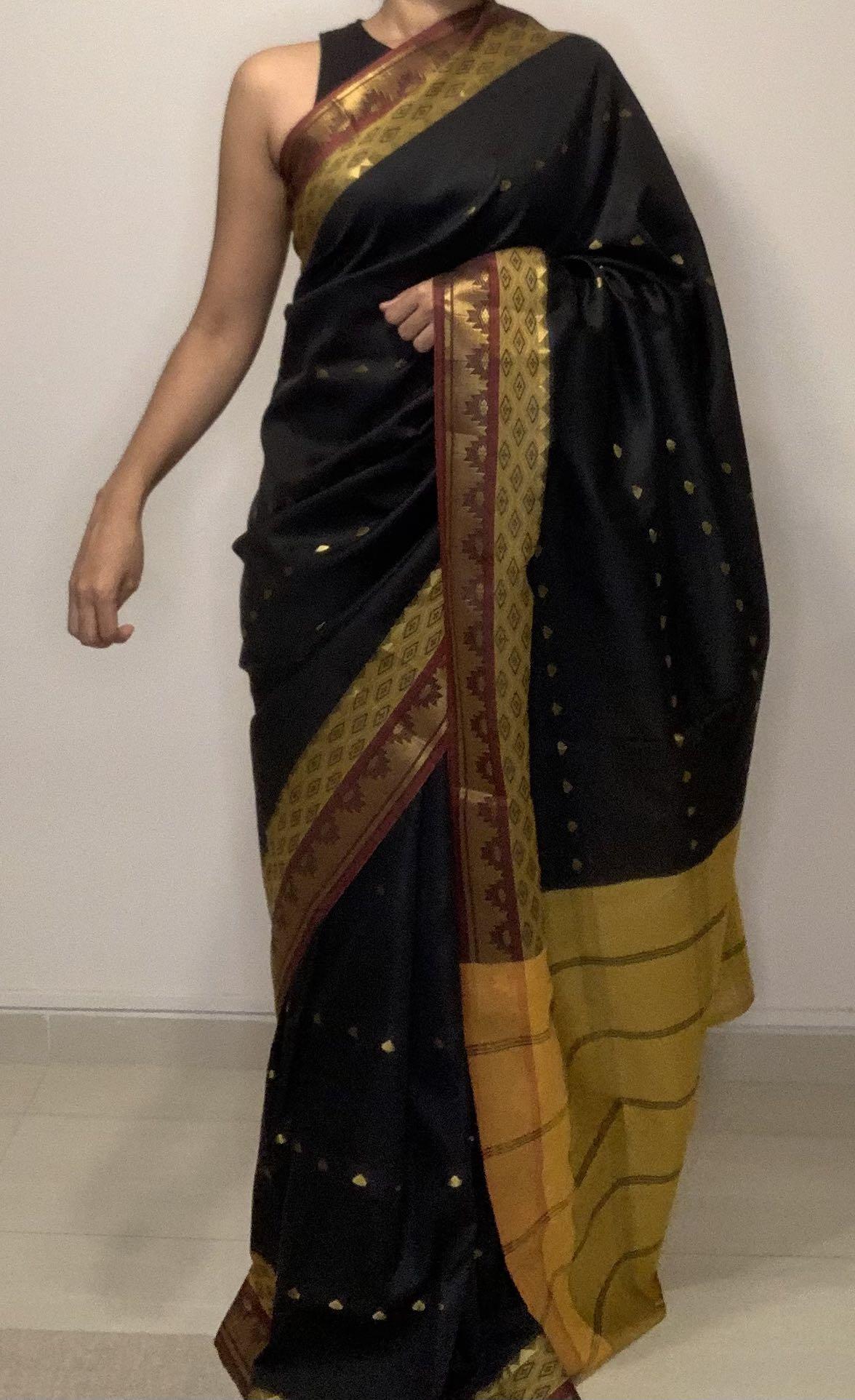 Black & Gold Striped Block Print Saree with Solid Border main image 0