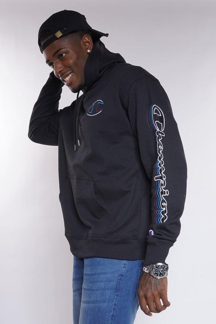 Black champion hoodie blue sales logo