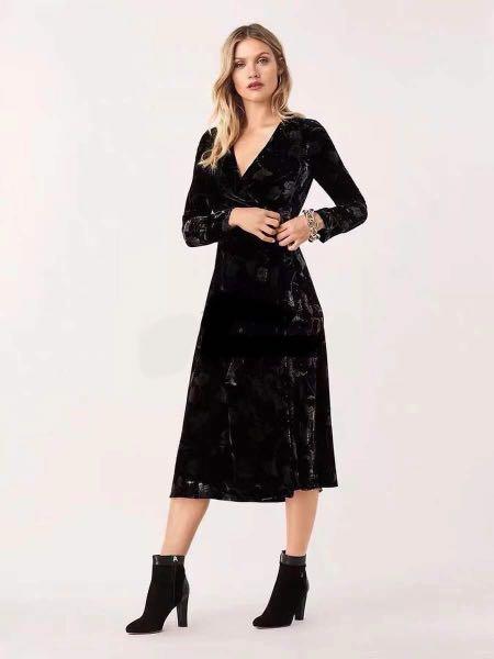 Diane Von Furstenburg DVF Velvet Black Wrap Kimono Midi Dress