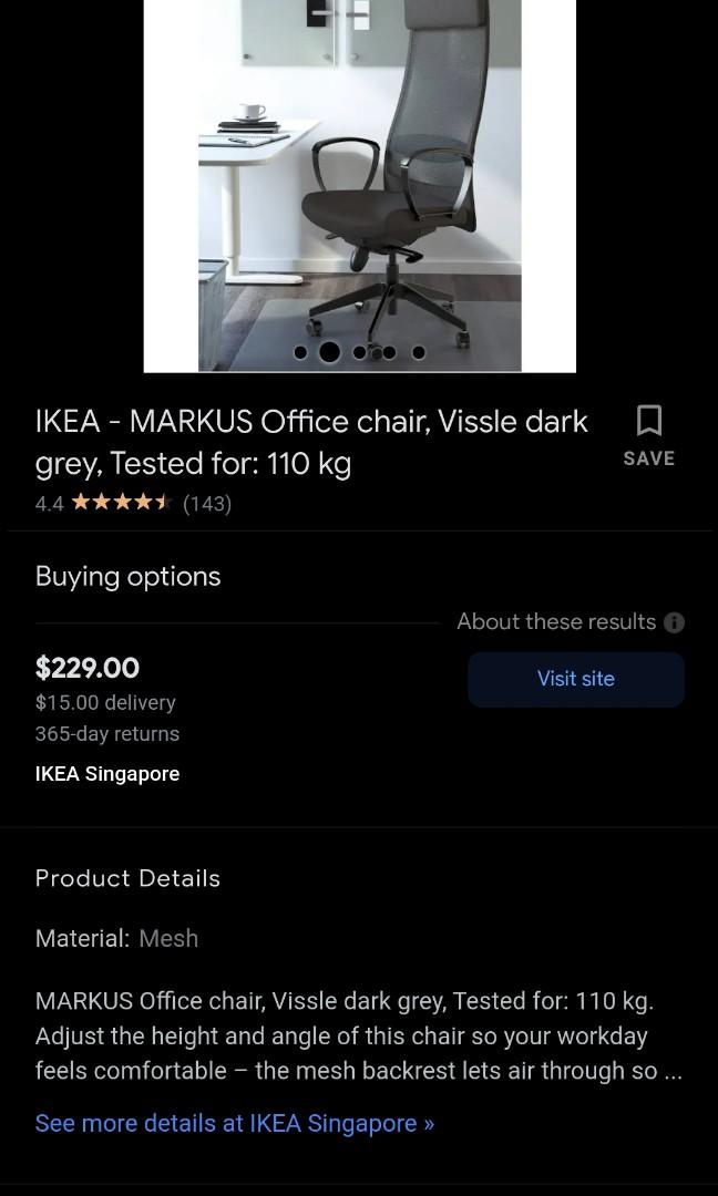 IKEA MARKUS Office chair, Vissle dark grey, Tested for 110 kg, Furniture & Home Living