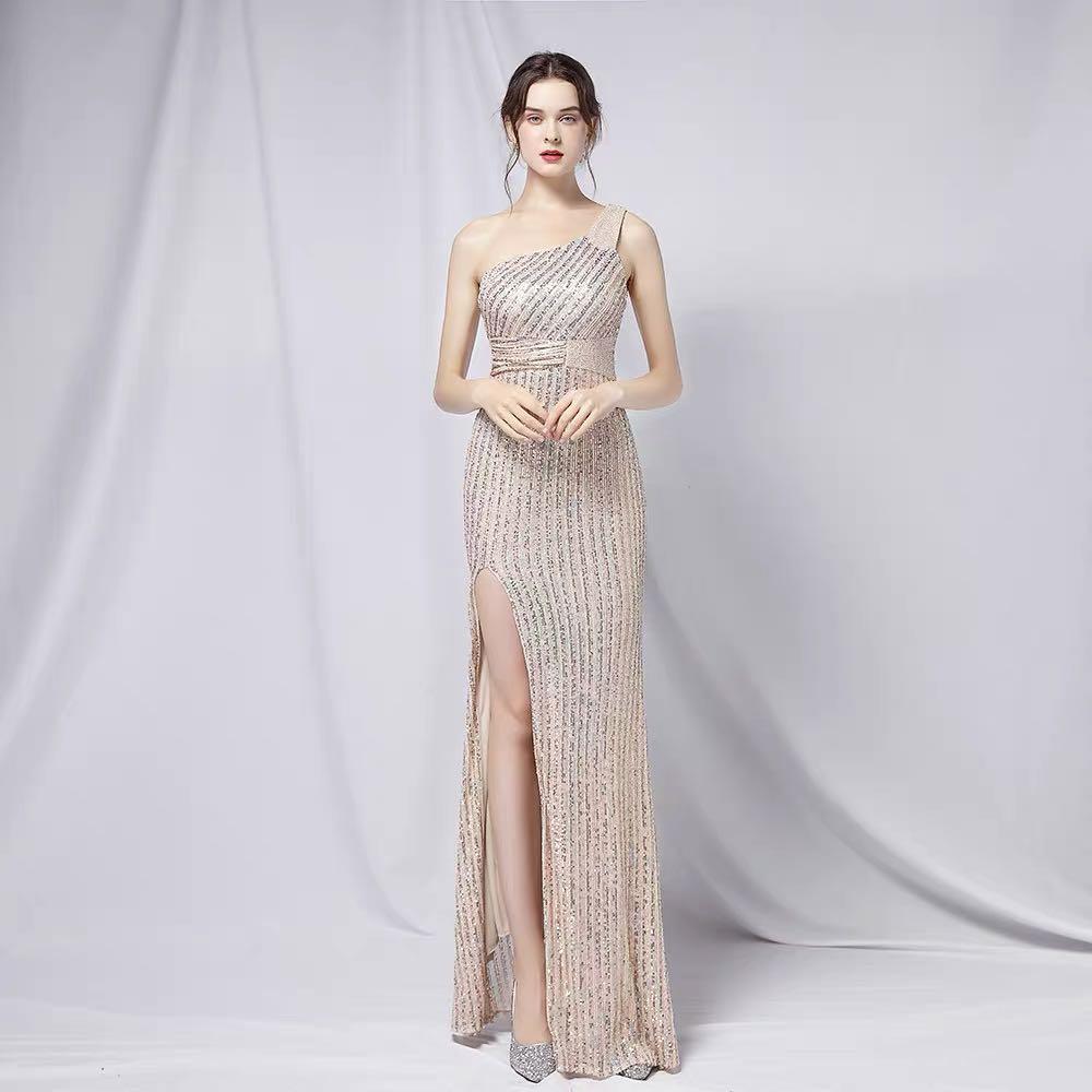 Sequinned Champagne Toga Evening Gown Women s Fashion Dresses