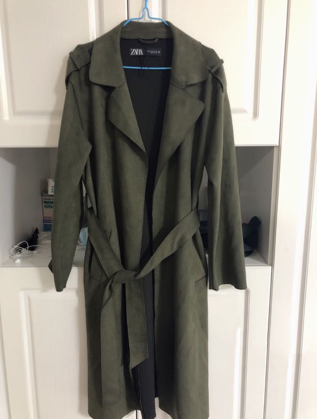 ZARA Army Green Suede Leather Trench Coat for Autumn Winter