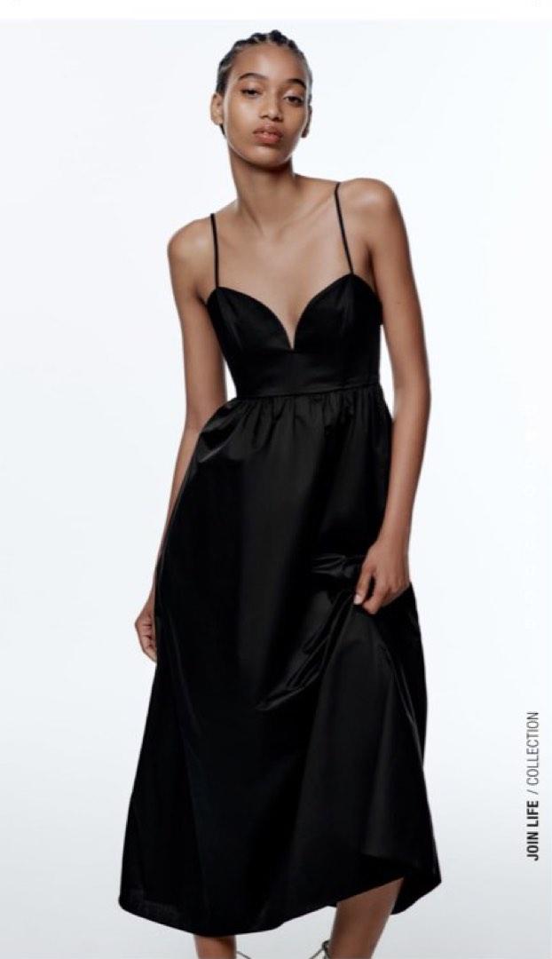 zara satin sweetheart midi dress Zara Satin Sweetheart Neckline Midi Dress