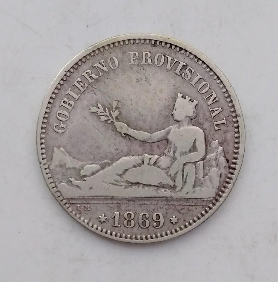 1869年西班牙臨時政府1比塞塔流通銀幣-馬德里鑄造, 興趣及遊戲, 收藏品及紀念品, 錢幣- Carousell