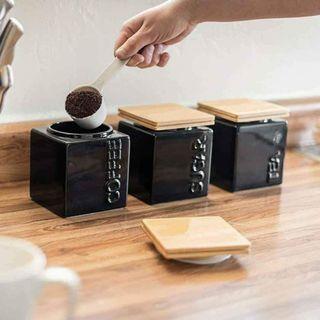 3-pc Square Embossed Ceramic Canister Set with Airtight Bamboo Lid | Coffee, Tea, Sugar Jar