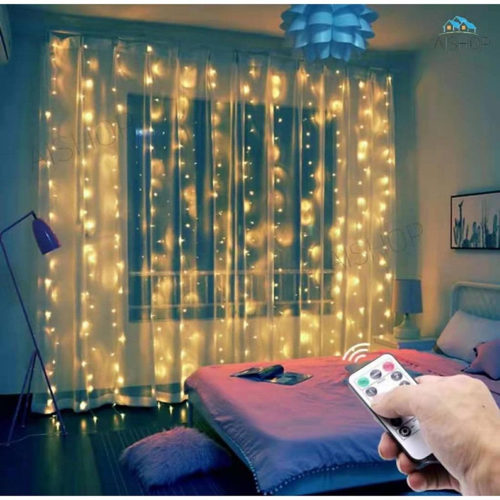 USB Powered Warm White 3x3m 300 LED Fairy Lights LED Window Curtain String Light Water Resistant for Home Decor Garden Party  Christmas Wedding Remote Control 8 Modes Decorative Lights 