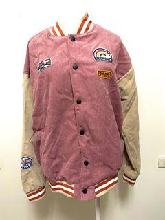 全新 Mushini  美式 潮牌 燈芯絨 夾克 拼色 刺繡 棒球服外套 粉色 後面有實穿
